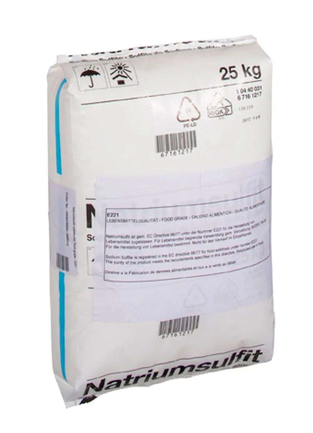 Weißes Sackgebinde von Grünbeck mit Produktinformationen und Barcode, verpackt in 25 kg. Inhalte deuten auf Lebensmittelqualität hin, geeignet für verschiedene Anwendungen.